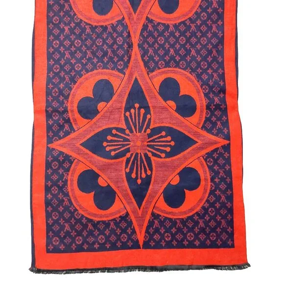 LOUIS VUITTON LV Vintage Blue & Red Abstract Floral Print Shawl Wrap Scarf